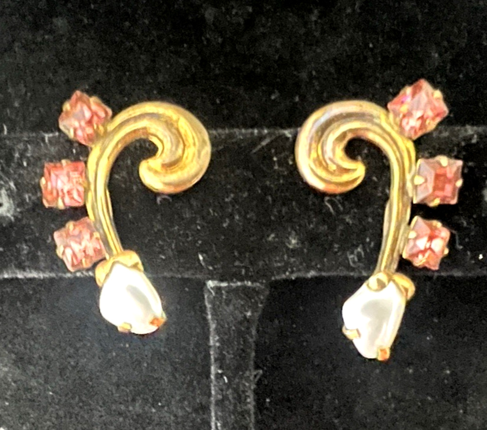 Signed AMCO 1/20 12K Gold Filled EARRINGS MOP & Pink Topaz Glass Swirl Screw-ons